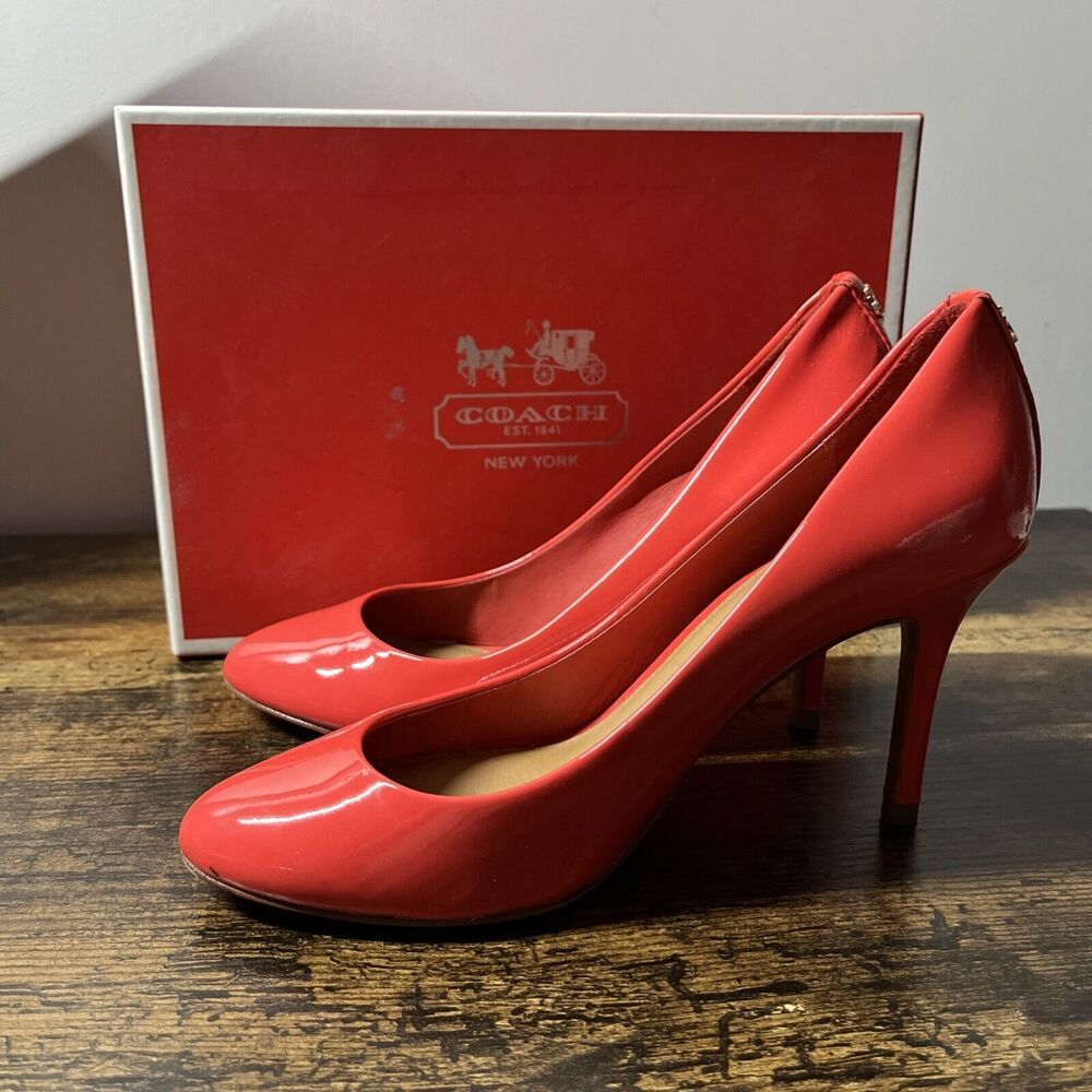 Coach Bright Coral Napa Patent Leather Pumps, Round Toe, 3” Heels, Size 5